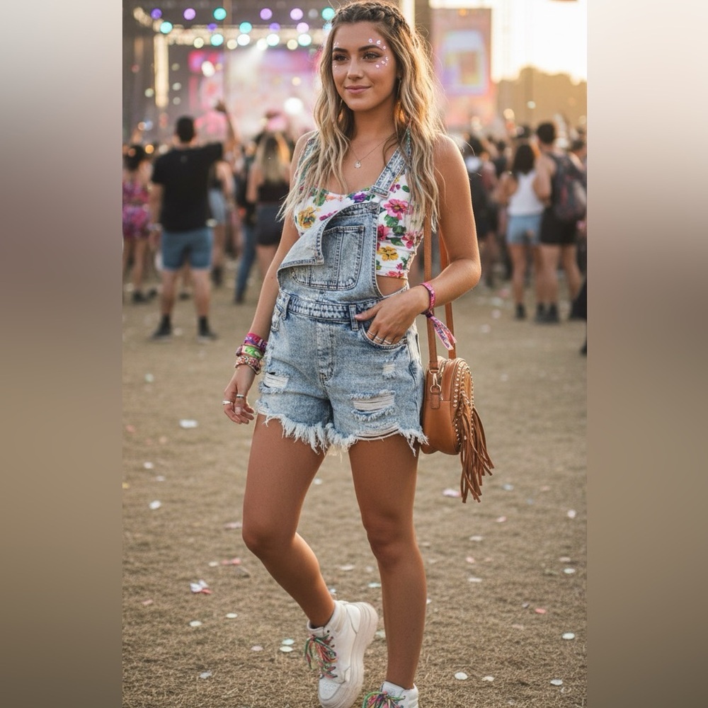 LAST CHANCE - Forever 21 Acid Washed Distressed Cutoff Festival Overall Shorts